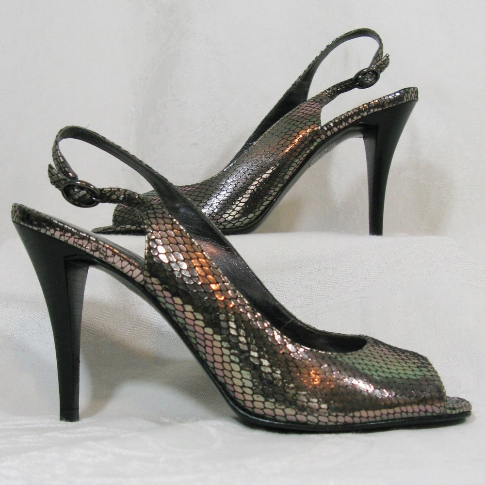 Charles David Silver Slingback Heels Open Toe Party Shoes Size 6 Snakeskin